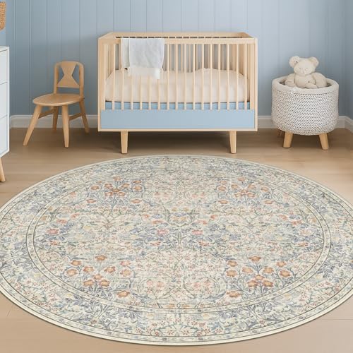Beige Blue 4ft Round Rug for Entryway - Small Circle Rug for Nursery, Living Room, Bedroom, Home Office, Boho Washable Non Slip Soft Carpet Décor - color: Beige Blue, size: 4' (Round)