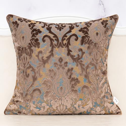 Alerfa Boho Brown Floral Throw Pillow Cover 18x18 Inch Cut Velvet Sqaure Luxury Embroidered Decorative Pillow Cover for Couch Living Room Bedroom - color: Brown, size: 18" x 18" (Pack of 1)