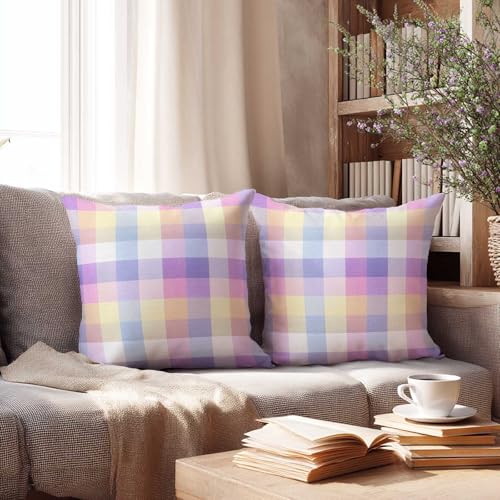Pastel Gingham Throw Pillow Covers 18x18 Inch, Set of 2 | Soft Rainbow Plaid Square Cushion Cases for Sofa Couch Girls Room | Spring Aesthetic Home Decor, Decorative Pillowcases - color: Pastel Gingham
