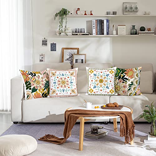 Bonhause Boho Pillow Covers 18x18 Set of 4 Outdoor Bohemian Mandala Decorative Throw Pillow Cases Soft Velvet Pillows for Garden Patio Sofa Couch Car Bedroom Home Decor - color: Orange, size: 18" x 18" (Pack of 4)