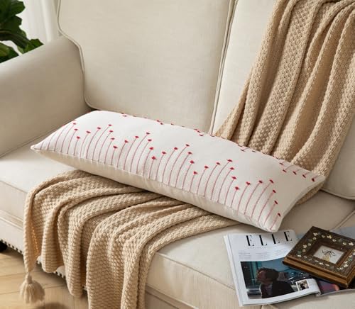 Caflife Christmas Lumbar Pillow Cover 14x36 Long Pack of 1 Decorative Pillows Bed, Beige with Red Body Throw Pillow Covers, for Modern Farmhouse Sofa Bedroom Living Room Home Decor Couch Pillowcase - color: Red Beige, size: 36" x 14" (Pack of 1)
