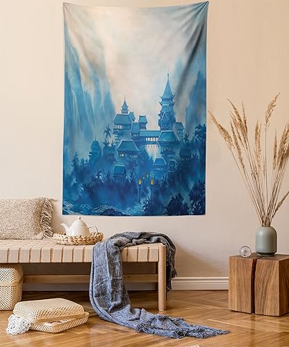 Ambesonne East Tapestry, Watercolor Painting Chinese Building Paint Mist at Night Oriental Image Illustration, Wall Hanging for Bedroom Living Room Dorm Decor, 40" X 60", Blue - color: Blue, size: 60"L x 40"W