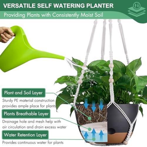 Set of 2-10 Inch Hanging Planters for Indoor Plants with Self-Watering Includes Hanging Pots for Plants, Outdoor Hanging Plant Pot with Drainage, and 2 Types of Hanging Baskets Hangers (Black, 10inch) - color: Black, size: 10inch