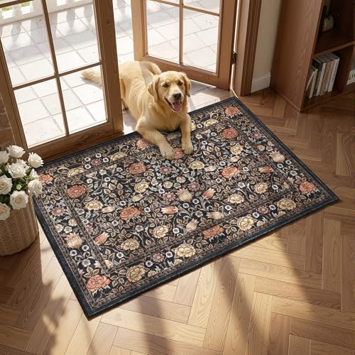 GarveeHome Brown Black 2.5x8 Runner Rug Washable Kitchen Rugs Non Slip Vintage Floral Boho Long Rug for Hallways Bedroom Entryway Bathroom Mat TPE Backing - color: A Brown / Black, size: 2'6" x 8' (Runner)