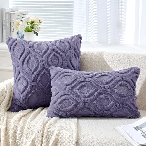 MIULEE Blue Purple Throw Pillow Covers 20x20 Inch, Soft Winter Plush Faux Wool Couch Pillow Covers Set of 2 Decorative Farmhouse Boho Throw Pillows for Sofa Living Room Bed - color: Blue Purple, size: 20" x 20" (Pack of 2)