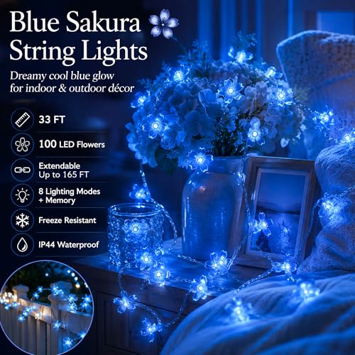 Connectable 33ft 100 LED Plug in Blue Flower Fairy Lights String Decor | Fairy Floral Lights For Christmas, Easter, Valentine'S Day, Proposal, Birthday Wedding Indoor Outdoor Hanging Decorations - color: Blue