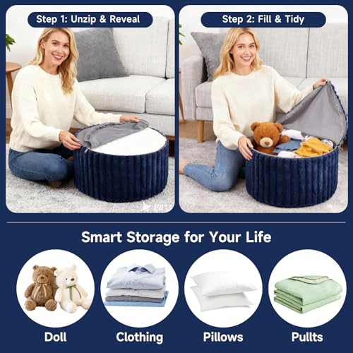Tiita Round Stuffed Pouf Ottoman, Stripe Faux Fur Poufs with Foam Chunk Filling, Furry and Fluffy Pouf 21×21×12 inch Foot Stool Storage Ottoman,Puff Office Foot Rest for Couch Living Room, Navy Blue - color: Striped Round Navy Blue