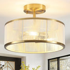 Modern Semi Flush Mount Ceiling Light, 3 Light Gold Ceiling Light with Rope Shade, Drum Light Fixture for Kitchen Bedroom Dining Room Hallway Entryway - color: Gold
