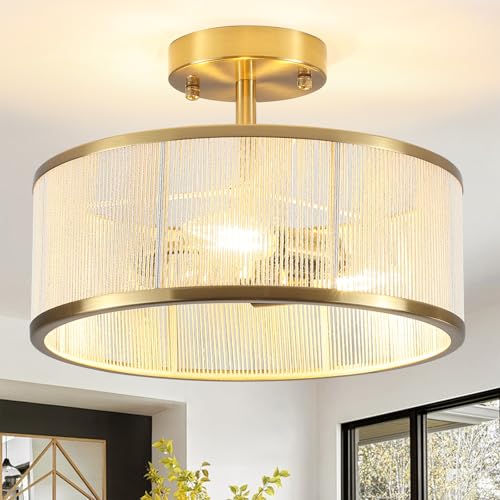 Modern Semi Flush Mount Ceiling Light, 3 Light Gold Ceiling Light with Rope Shade, Drum Light Fixture for Kitchen Bedroom Dining Room Hallway Entryway - color: Gold