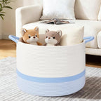 67L Large Blanket Basket, 20"x13" Blanket Basket Living Room, Woven Baskets With Handle, Toy Baskets for Blankets, Nursery, Dog, Pillow, Gift (White & Blue) - color: White & Blue, size: 67L