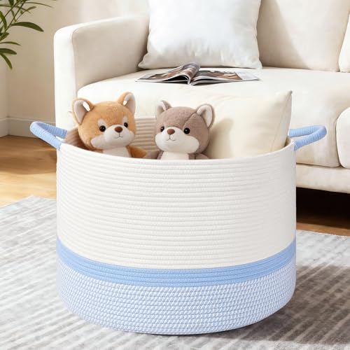 67L Large Blanket Basket, 20"x13" Blanket Basket Living Room, Woven Baskets With Handle, Toy Baskets for Blankets, Nursery, Dog, Pillow, Gift (White & Blue) - color: White & Blue, size: 67L