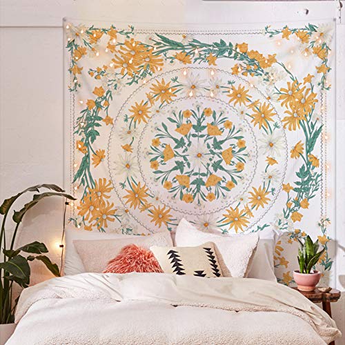 Simpkeely Mandala Floral Medallion Tapestry, Sketched Flower Plant Boho Wall Hanging, Bohemian Tapestries for Bedroom Living Room Dorm Home Décor 59.1 x 80 Inches (Yellow) - color: Yellow, size: 80"L x 59.1"W
