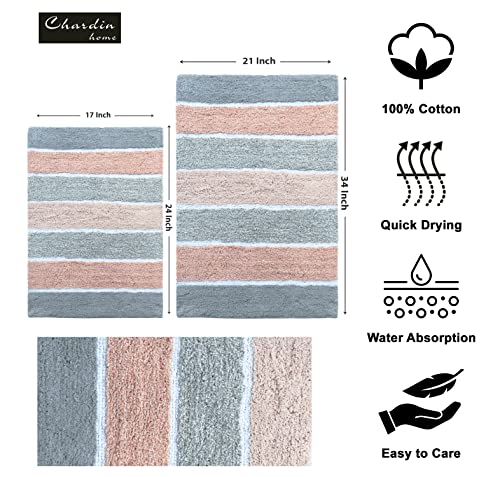 Chardin home Cordural Stripes Bath Mat, Set of 2 Bath Rugs (17 Inches x24 Inches & 21 Inches x34 Inches) | Non Slip Bathroom Rug, Machine Washable, Plush, Highly Absorbent | Grey & Peach/Blush - color: Blush & Grey