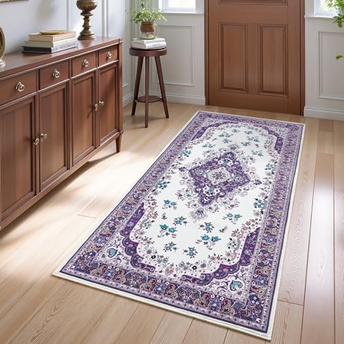 HOMORE Vintage Runner Rug-2x4 Hallway Runner Rug for Entryway Non Slip Washable Bedroom Rug Faux Wool Lavender Floor Carpet Runner for Kitchen Indoor Front Entrance Laundry Living Room Dorm, Purple - color: Purple, size: 2' x 4' (Rectangular)