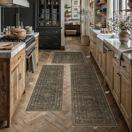 Kitchen Rug Set of 3 Washable Brown Vintage Kitchen Mats for Floor Non-Slip Kitchen Runner Rug Soft Low Pile Distressed for Bathroom Laundry Hallway Sink Entryway - color: Dark Brown, size: 20"x32"+20"x48"+20"x59"