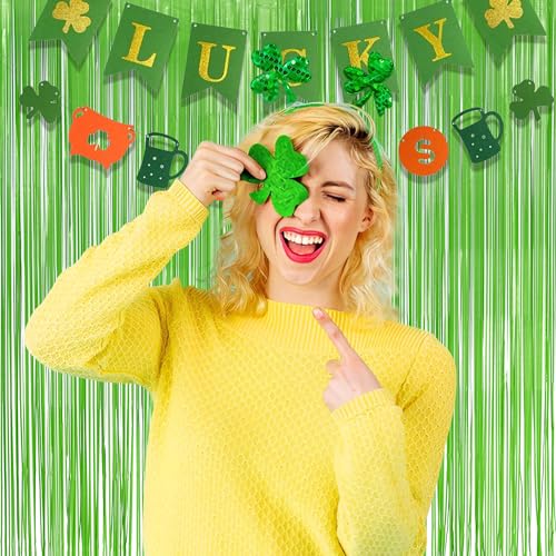 Lime Green Streamers Party Backdrop - GREATRIL Tinsel Curtain for St Patrick's Day/Frog/Wizard - 3.2ft X 8.2ft - 2 Packs - color: Lime Green