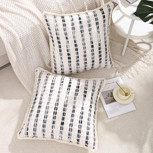 LUOYEHK Chenille Striped Throw Pillow Covers 20x20 Inch Set of 2 Boho Decorative Pillowcases with Fringe Farmhouse Neutral Cushion Covers for Couch Sofa Bed Living Room, Black - color: Black, size: 20" x 20" (Pack of 2)