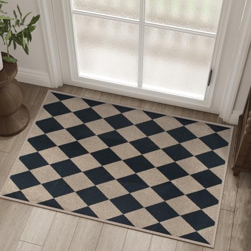 Rugalia Easy Jute Checkered Entryway Rug, 2x3 Black Modern Indoor Outdoor Doormat, Washable Non-Slip Neutral Small Kitchen Rug Farmhouse Diamond Throw Rugs for Entrance Bedroom Bathroom - color: Black Checkered, size: 2' x 3' (Rectangular)
