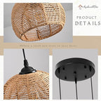 3-Light Mini Hemp Rope Woven Pendant Light Kitchen Island,3 Dome Hand Woven Boho Rattan Chandelier Farmhouse Wicker Ceiling Light,rustic Light Fixture For Living Room Hallway Dining Room(Bulb Incl. - color: 11.8" Natural 3-Light