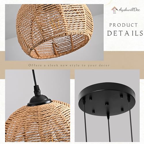 3-Light Mini Hemp Rope Woven Pendant Light Kitchen Island,3 Dome Hand Woven Boho Rattan Chandelier Farmhouse Wicker Ceiling Light,rustic Light Fixture For Living Room Hallway Dining Room(Bulb Incl. - color: 11.8" Natural 3-Light