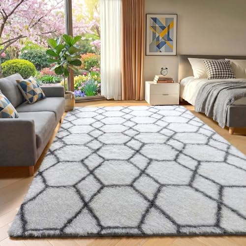 ONASAR Area Rugs for Bedroom Living Room, Fluffy 4x6 White and Grey Throw Rug, Shaggy Geometric Indoor Floor Shag Carpet for Home Decor Aesthetic, Soft Plush Fuzzy Mat for Nursery Kids Teen Dorm - color: 8- White / Grey, size: 4' x 6' (Rectangular)