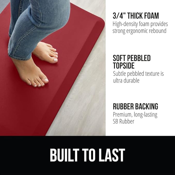 GORILLA GRIP Comfortable Cushioned Kitchen Mats for Floor, 39x20, Waterproof and Stain Resistant Soft Top, 3/4 Inch Thick Ergonomic Standing Desk Anti Fatigue Mat, Foam Supports Ankles and Feet, Red
