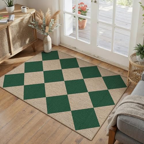 PureCozy 2x3 Checkered Easy Jute Kitchen Front Doormat Non Slip Washable Neutral Area Rug Diamond Non Shedding Low Pile Green Checkerboard Floor Carpet for Farmhouse Entryway Porch Doorway - color: Green|checkerboard-1, size: 2' x 3' (Rectangular)