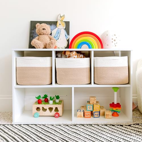 NaturalCozy Storage Cubes 9”x9”x7”Cotton Rope Woven Baskets for Organizing 3-Pack | 9 Inch Cube Storage Bin | Small Basket for Shelf Nursery, Pantry, Decorative Plant, Bathroom Closet, Toy Gift - color: Off White & Tan Brown