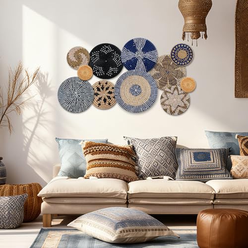 Tatuo 11 Pcs Boho Wall Basket Decor Bulrush Woven Wall Hanging Art Round Farmhouse Rustic Handmade Wicker for Summer Home, Bedroom, Living Room, Kitchen Decorations, Multi Sizes(Blue) - style: Blue
