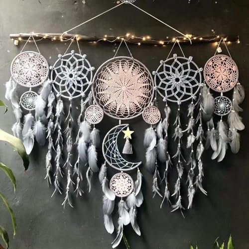 Set of 5 Boho Hanging Large Moon Dream Catchers, Flower Color | Wall Hanging, Vintage Wedding Decor, Home Decorations - color: Flower Color