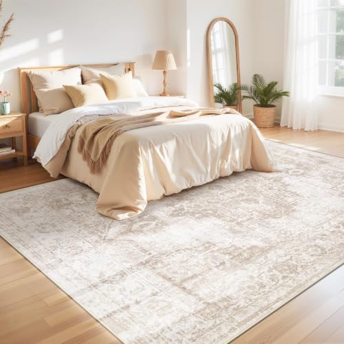 Area Rug 9x12 Vintage Rug: Large Washable Indoor Medallion Rugs Low Pile Distressed Floor Carpet Retro Accent Rug for Living Room Bedroom Kitchen Dining Table Home Office(Beige, 9'x12') - color: Beige, size: 9' x 12' (Rectangular)