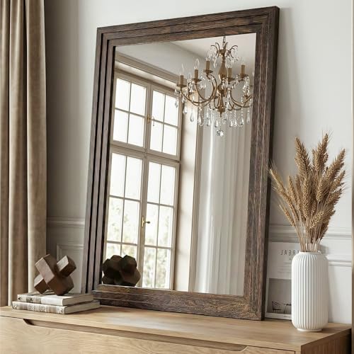 Wood Framed Mirrors for Wall, Brown Bathroom Vanity Mirror for Over Sink 26 x 38, Rustic Wall Mirror for Bathroom Sink Hallway Entryway Bedroom Living Room Farmhouse Boho Style - color: Wooden Brown, size: 38"L x 26"W