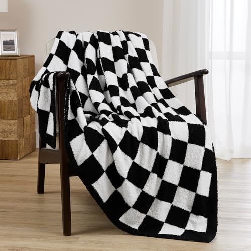 Checkered Throw Blanket, Black Soft Cozy Fluffy Knitted Throw Blankets for Couch, Sofa, Bed, Chair, Warm Fuzzy Travel Picnic Lightweight Plaid Blanket, 50x70 inches - color: Black White, size: 50×70 Inch