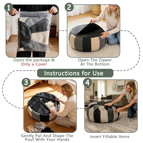 Thgonwid Round Unstuffed Pouf Cover, Faux Leather Storage Ottoman, Boho Moroccan Foot Stool, Multi-Purpose Home Decor for Living Room, Bedroom and Balcony, Black Grey, No Filling Included - color: Black Grey（no Stuffing）