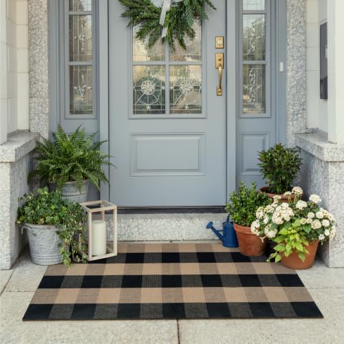 KIMODE Front Door Mat Outside Entrance 24"x51",Black and Tan Checkered Outdoor Rug,Farmhouse Fall Front Porch Rug Decor,Cotton Woven Washable Layering Rug for Front Door,Outside Entrance,Kitchen - color: Black/Brown, size: 2' x 4'3" (Rectangular)