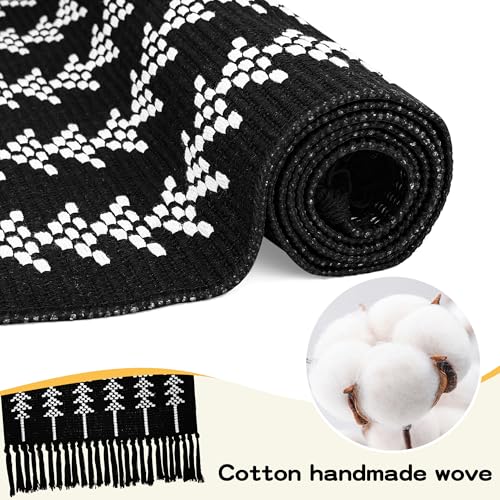 Front Porch Rug 23.6" x 51.2" Black and White Boho Herringbone Pattern Outdoor Rug Door Mat Cotton Hand Woven Rug for Front Porch Decor Washable Welcome Layered Doormat for Entryway Kitchen - color: Black Boho Herringbone Pattern Rug With Tassel