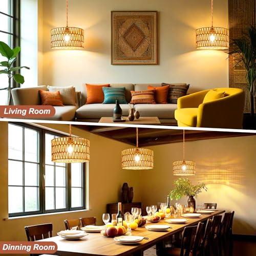 Plug in Pendant Light,Rattan Hanging Lights with Plug in Cord,Handmade Hanging Lamp Plug in,Rattan Light Fixtures Ceiling Hanging for Living Room Bedroom - size: 12.6 Inch-Barrel Shade