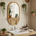 Wood Wall Mirror with Hooks and Shelf, 30x18 Inch, Oval | Boho Style, Removable Shelf, Solid Wood Framed, Handmade Rattan Decor, For Entryway, Bathroom, Nursery, Bedroom, Living Room