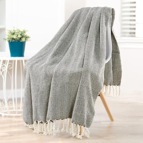 Herringbone Knitted Two Tone Throw Blankets with Braided Tassel Fringe, Boho Farmhouse Lightweight Turkish Throw Blanket for Couch Bed Sofa, Picnic, Yoga, Outdoor Blanket, 50 x 60 Inch, Coffee Brown - color: Coffee Brown