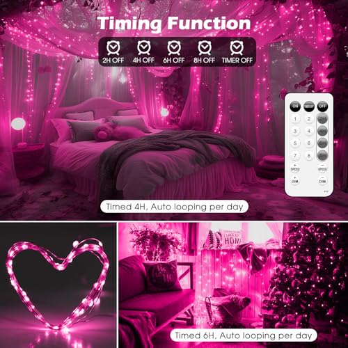 Fairy Lights 66ft 200 LED USB Twinkle String Lights Plug in Silver Wire Lights with Remote and Timer 8 Modes Outdoor Waterproof Starry Lights DIY Party Wedding Christmas Decoration(Pink) - color: Pink