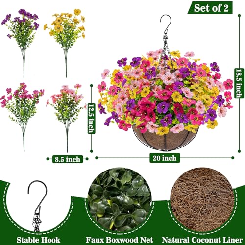 2 Sets Artificial Hanging Plants Flowers Basket Outdoor, Fake Hanging Plants 24 Pcs Flowers for Porch Patio Garden Home Decor for Spring Summer (Red, Purple, Yellow, Rose Red) - color: 2 Sets – Red, Purple, Yellow, Rose Red