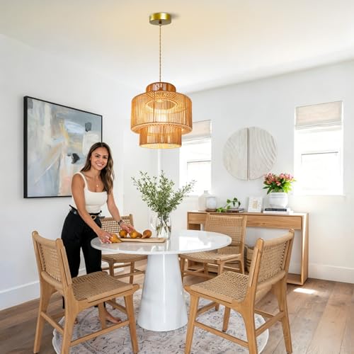 12.6'' Boho Rattan Chandelier Pendant Light Hand-Woven Wicker Pendant Light Fixture Farmhouse Rustic Ceiling Hanging Lamp for Dining Room Over Table Kitchen Island Living Room Bedroom Foyer - color: 12.6″