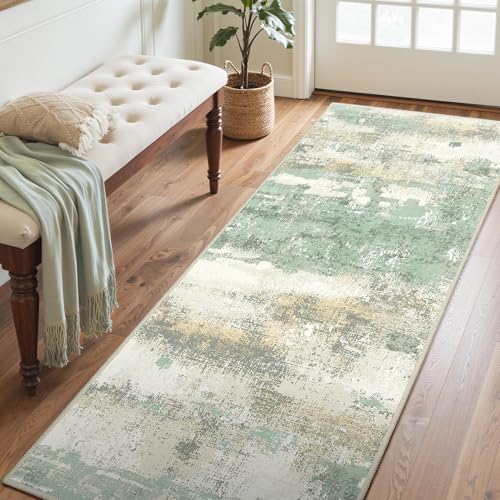 BEIMO Runner Rug for Hallway Kitchen, 2'6"x4' Machine Washable Runners Rug for Entryway, Soft Modern Abstract Throw Rugs, Low Pile Floor Cover with Non Slip Backing, Light Green - color: Light Green/Cream, size: 2'6" x 4' (Rectangular)
