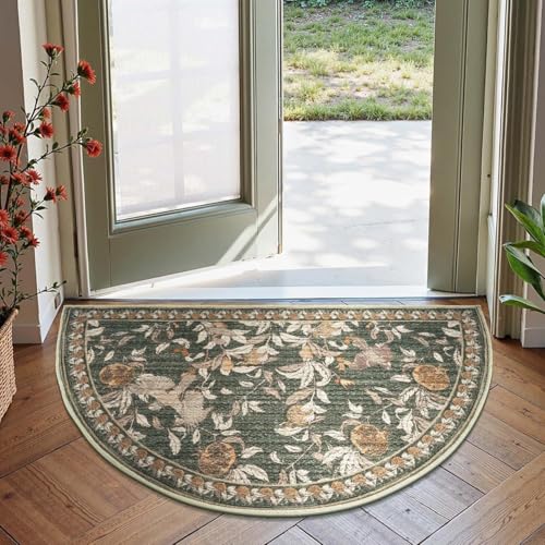 jinchan Eden Botanical Vintage Washable Small Area Rug, 2x3 Half Circle Floral Entryway Rug, Low Pile Soft Non Slip Doormat Dirt Trapping Carpet for Entrance Kitchen Bathroom Vanity, Green - color: Eden Green, size: 1'9" x 3' (Semicircular)
