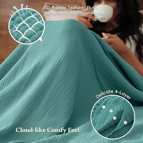 David's Home 100% Natural Cotton Muslin Blanket King Size, 4-Layer Soft Breathable Lightweight Comfy Cozy Throw Guaze for Hot Sleepers, 3D Bubble Room Decor for Bed Couch, Giftable, Teal, 108"x90" - color: Teal, size: King(108x90")
