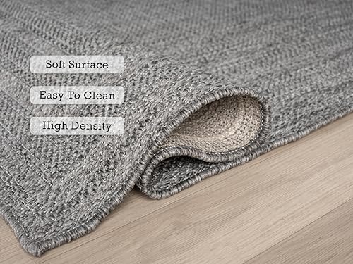 Berry Easy Jute Indoor Outdoor Rug, 5x7 Neutral Bordered Jute Look, Weather Resistant, Easy Care, Lightweight Outdoor Farmhouse Carpet for Patio, Porch, Living Room (5' x 7', Gray) - color: 2004 - Gray, size: 5' x 7' (Rectangular)