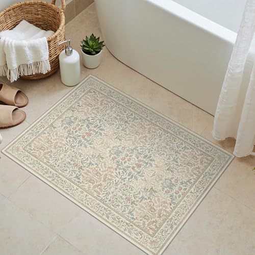 Bavni 2x3 Small Area Rug Machine Washable Non Slip, Vintage Floral Throw Rug, Low Pile Thin Lightweight Carpet for Entryway, Hallways, Kitchen and Bathroom, Beige Pink - color: Beige Pink, size: 2' x 3' (Rectangular)