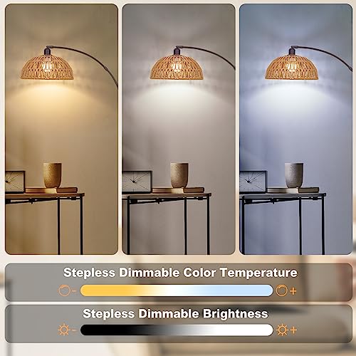 Brilvibera Boho Floor Lamp with Remote- Arc Tall Lamps, Bronze Floor Lamps with Stepless Dimmable Bulb, Hand-Worked Adjustable Rattan Lampshades, Brown Rattan Standing Lamp - style: Bronze Rattan Arc Lamp