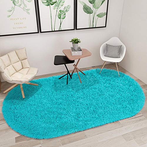 junovo Ultra Soft Washable Shaggy Rug - Non-Slip Oval Carpet for Nursery, Kids Bedroom & Home Decor (2.6x5.3ft Teal Blue) | Plush Fluffy Floor Mat for Cozy Living Spaces - color: Teal Blue, size: 2.6' x 5.3'