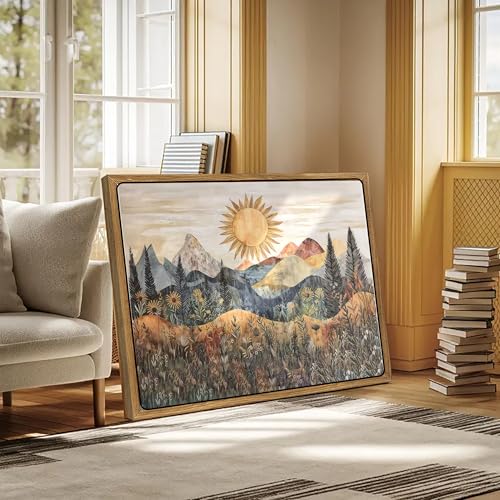 Framed Mountain Landscape Wall Art Boho Floral Sunrise Forest Canva Painting Modern Nature Wilderness Pine Tree Field Poster Rustic Wildflower Scenic Picture Decor for Living Room Bedroom 12x16 Inch - size: 12"L x 16"W